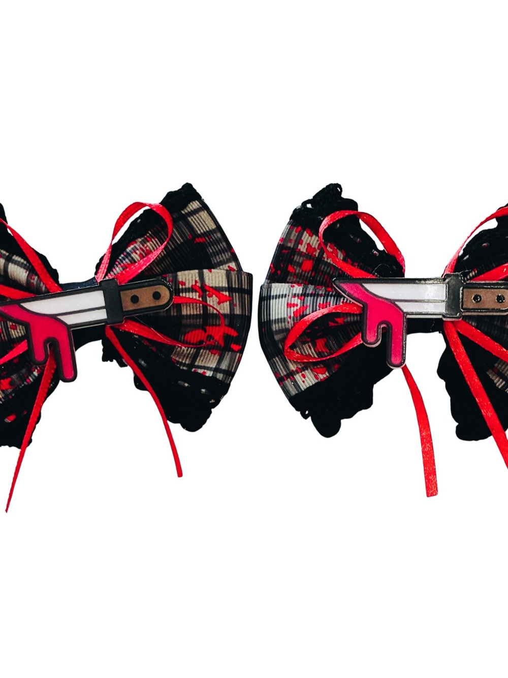Pair of 2 Red and Black Halloween Knife Bow Hair Clip